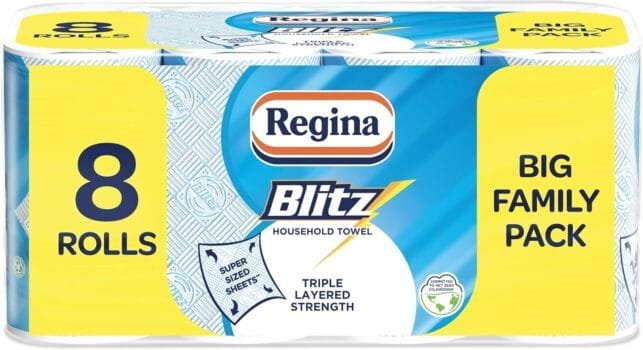 Regina Blitz Household Towels – 8 Triple Layered Rolls, 70 Sheets Per Roll