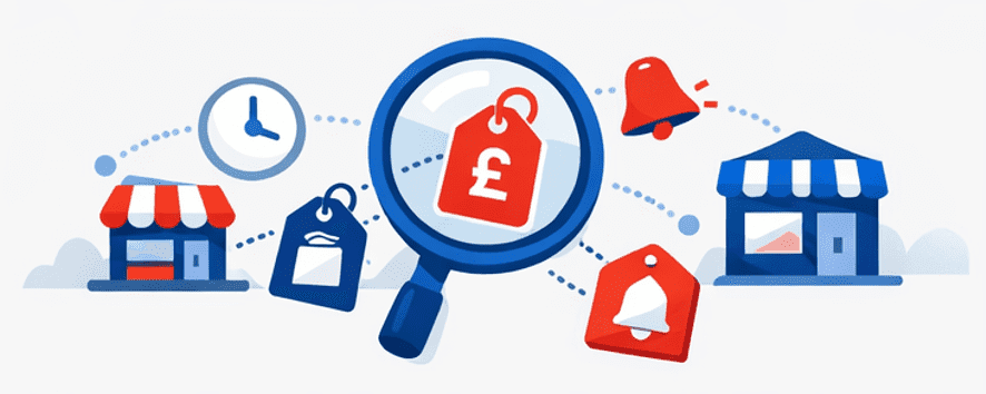 Icons showing retailers, a price tag in pounds, alerts and tracking to represent deal monitoring across UK shops.