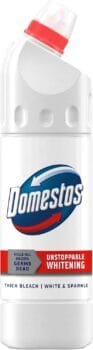 Domestos White & Sparkle Thick Bleach disinfectant that eliminates 99.99% of bacteria and viruses